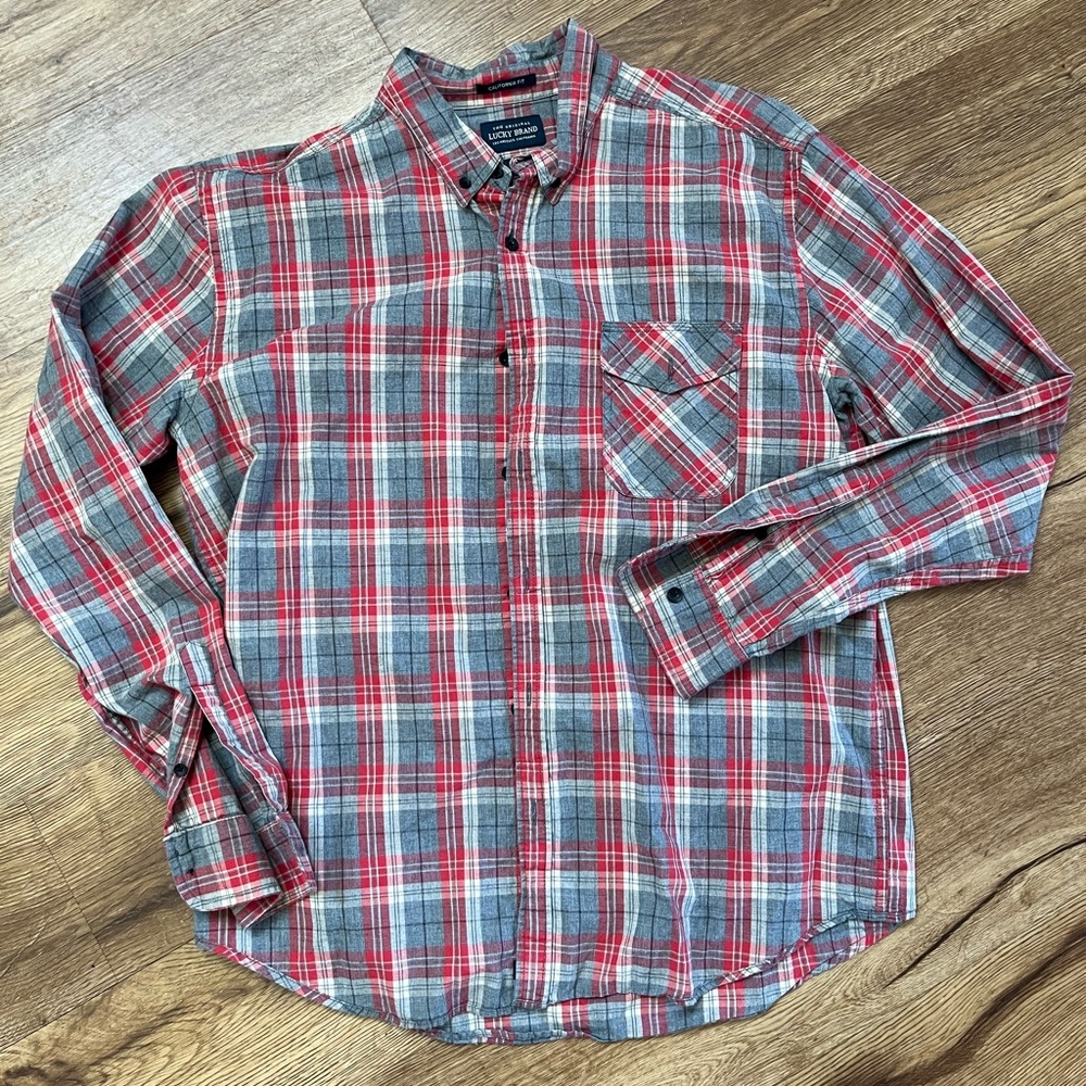 Lucky Brand Red and Gray Plaid Casual Shirt
